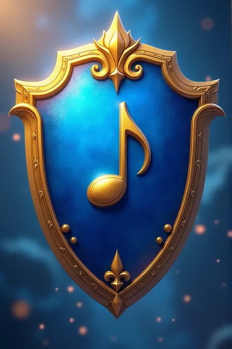 Blue shield with golden border with musical note in the middle
