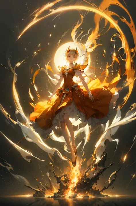 Enter a captivating scene，An anime girl sitting on a floating platform, How energetic fire particles ignite the air around you, Creates a stunningly dynamic atmosphere. Creative lighting styles bathed in brilliant light, Burning light, Harmonizes with rota...