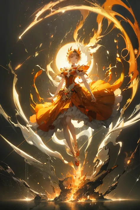 Enter a captivating scene，An anime girl sitting on a floating platform, How energetic fire particles ignite the air around you, Creates a stunningly dynamic atmosphere. Creative lighting styles bathed in brilliant light, Burning light, Harmonizes with rota...