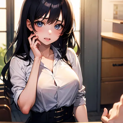 2D, masterpiece, Highest quality, anime, Very detailed, One beautiful girl、against_glass、hand on glass、face press、clear、Black Hair、Straight Hair、Long Hair、blouse、No bra、Stealth Sex、classroom、embarrassed、orgasm、view is outside window