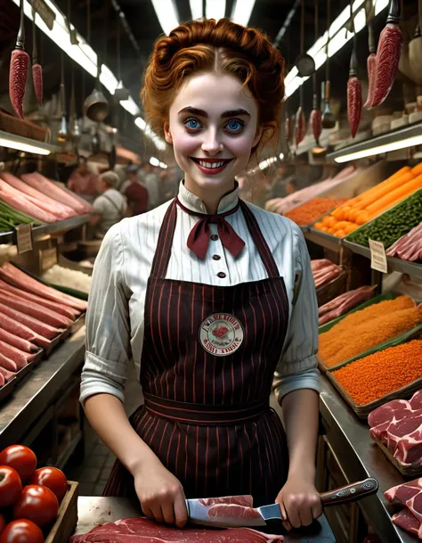 21 yo Beautiful friendly and happy Traditional Market female vendors [Elizabeth II:Maude Adams:0.45], butcher section, butcher dagger, butcher apron, detailed face, perfect face, perfect eyes, symmetric eyes, insanely detailed and intricate, ultra sharp fo...