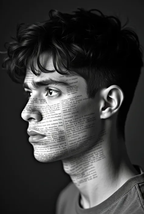 realistic portrait of a young man, short black hair, confused expression, looking to the side, the skin of the whole face has printed lines of text like a newspaper, side angle view, black and white professional photography 