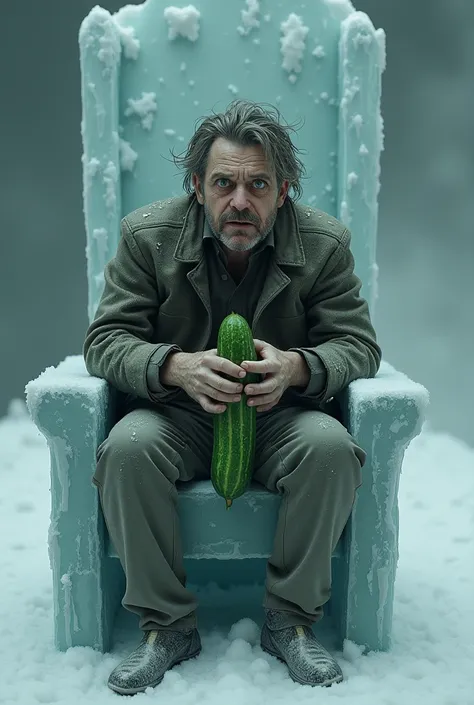 The insane guy with a cucumber in his hand and is sitting on a Frozen chair 