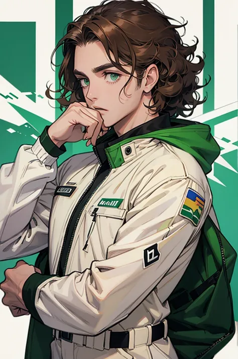 Brown Hair、Curly hair、Green Eyes、White pilot suit、