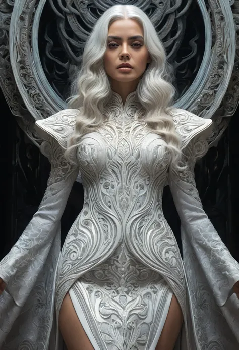 portrait, beautiful woman, white hair, ornate dress, (long hair in waves like smoke):0.85 , confident expression, detailed, 16k, sf, intricate artwork masterpiece, ominous, matte painting movie poster, golden ratio, trending on cgsociety, intricate, epic, ...