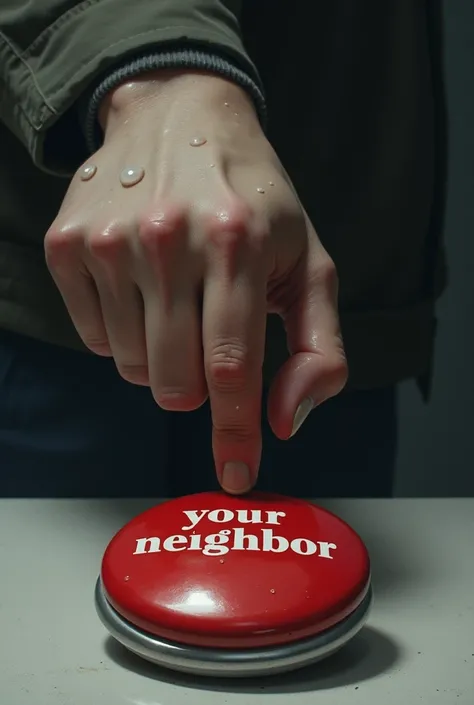 Image: A red button with a sweaty hand about to press it.

Texto del Botón: "Love your neighbor" 
 