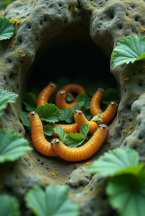 caterpillars inside the rock are eating green leaves