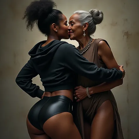 black woman hair in a bun black hoodie   black leather short shorts   a old grandma in a dress  kissing her ass behind her squeezing her butt