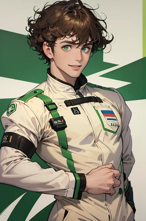 Brown Hair、Curly hair、Green Eyes、White pilot suit、male、Short Hair、The bangs are in an M shape、smile、Big eyes