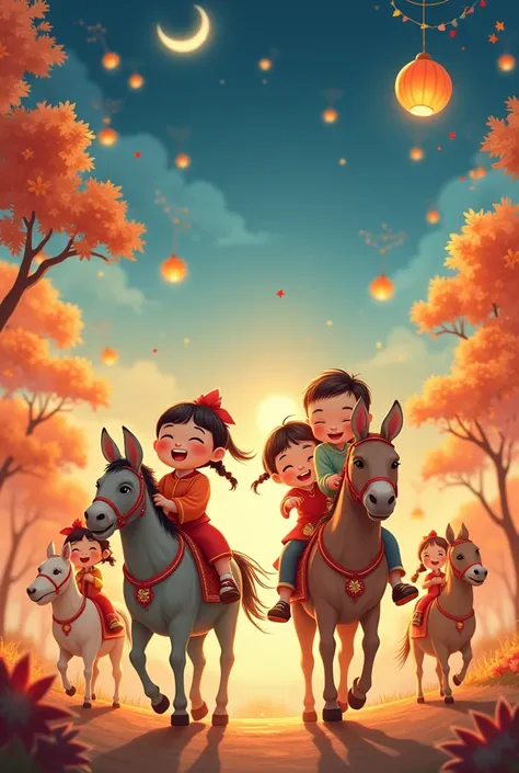 4 children riding donkeys, dogs, horses, and chickens to carry lanterns in the Mid-Autumn Festival, 