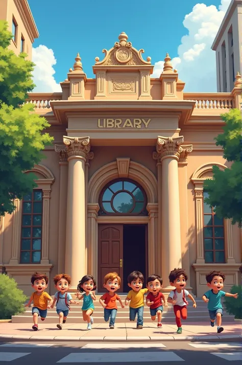 Show a picture of the library from the outside, avec des enfants courant vers elle, excited to enter