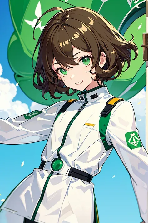 Brown Hair、Curly hair、Green Eyes、White pilot suit、male、Short Hair、The bangs are in an M shape、smile、Big eyes