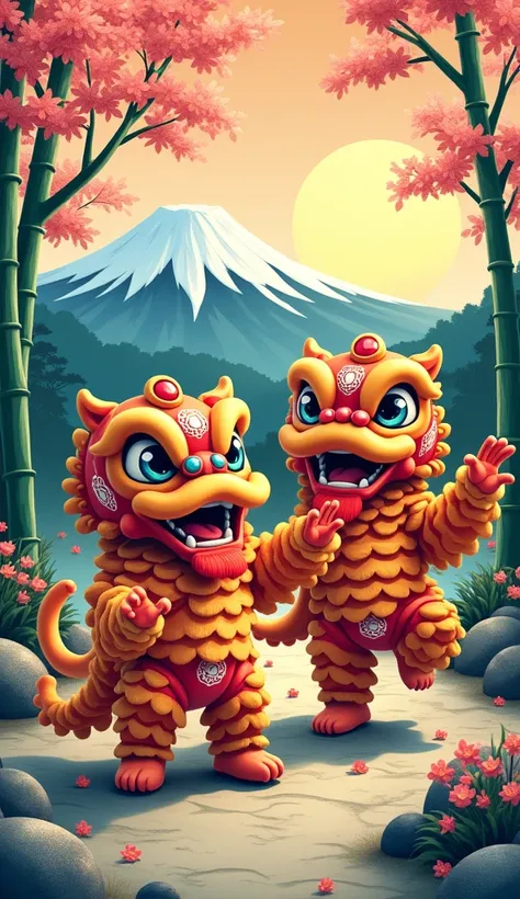 Contemporary graphic art with two fun-looking smiley lion dances like Katsushika Hokusai

 great power

 Gorgeous and colorful design but calm and elegant design

 traditional Japanese scenery
 bamboo, bamboo bushes, cherry blossoms, rocks, and Mt. Fuji

 ...