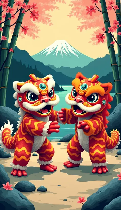 Contemporary graphic art with two fun-looking smiley lion dances like Katsushika Hokusai

 great power

 Gorgeous and colorful design but calm and elegant design

 traditional Japanese scenery
 bamboo, bamboo bushes, cherry blossoms, rocks, and Mt. Fuji

 ...