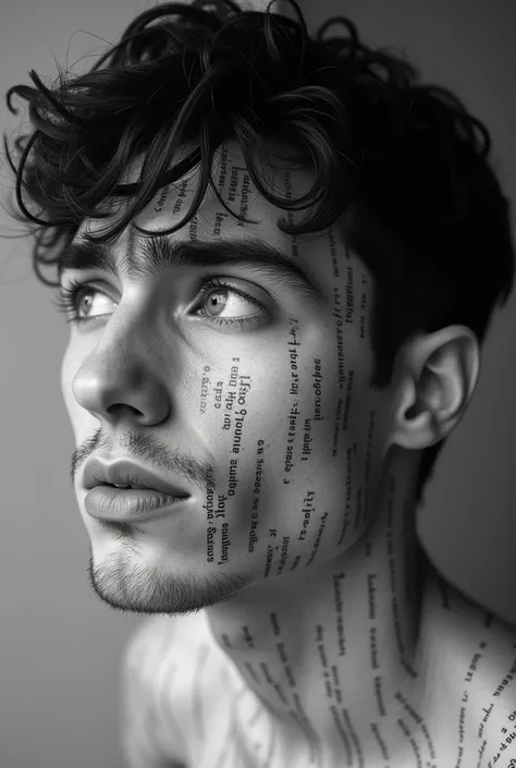 realistic close-up portrait of a young man, short black hair, confused expression, looking to the side, the whole skin has vertical printed lines of text like a newspaper, side angle view, black and white professional photography 