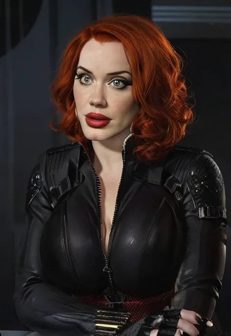 4 Christina Hendricks as the character Natasha Romanoff/Black Widow from the Marvel Cinematic Universe, with a huge bust in a tight black leather suit, Running makeup on face. High-quality facial research of Christina Hendricks. Include Christinas sculpted...