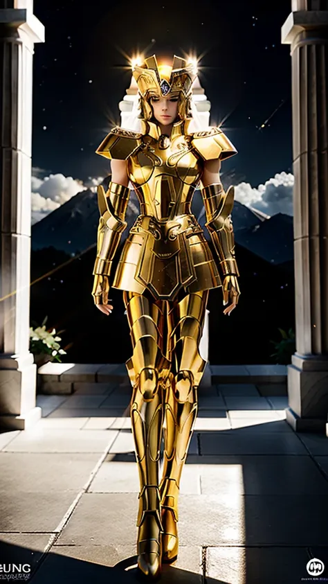 hyper realistic ultra  gemini armor sparkling, gold armor sparkling, armor, dramatic skies, looking at the audience, armor, shut...