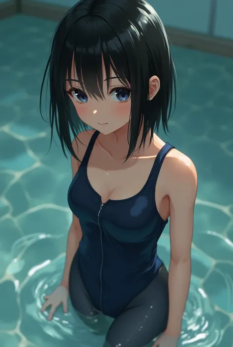 junior high school student,Highest quality,black medium hair,black eyes,small breasts,Wet, body,breasts out,Navy blue school swimsuit with leggings