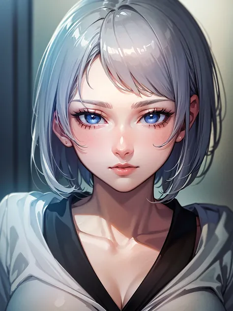 ((perfect anatomy:1.3,realistic:1.3,masterpiece、highest quality、Ultra - High resolution、High resolution、Highly detailed CG、8K)), 1girl, Silver hair, short hair, light blue eyes, Anime Bishoujo,  drawn in the style of Japanese anime, 