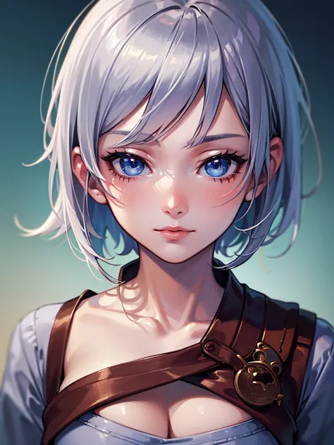 ((perfect anatomy:1.3,realistic:1.3,masterpiece、highest quality、Ultra - High resolution、High resolution、Highly detailed CG、8K)), 1girl, Silver hair, short hair, light blue eyes, Anime Bishoujo,  drawn in the style of Japanese anime, 