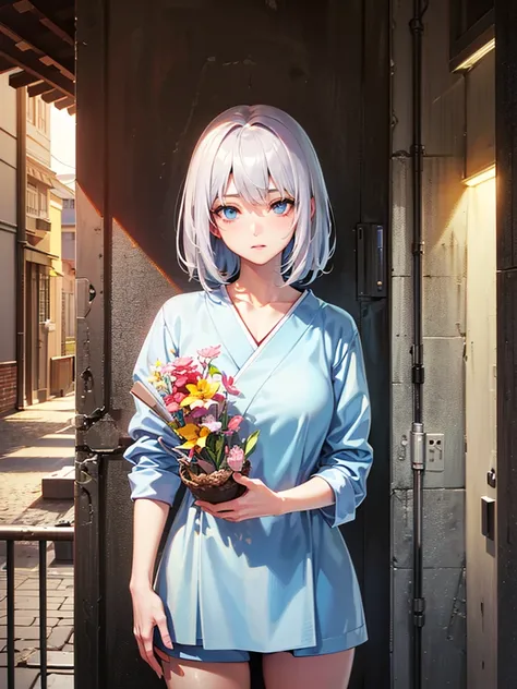 ((perfect anatomy:1.3,realistic:1.3,masterpiece、highest quality、Ultra - High resolution、High resolution、Highly detailed CG、8K)), 1girl, Silver hair, short hair, light blue eyes, Anime Bishoujo,  drawn in the style of Japanese anime, 