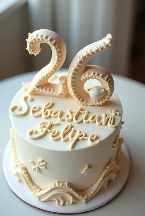 Birthday cake that says Sebastian Felipe, the number 26 and a bird inside the cake as decoration 