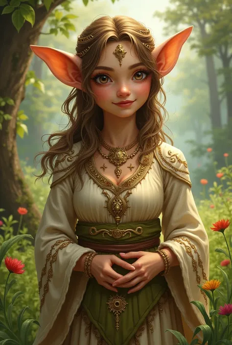 Yondalla Physical Characteristics: A kind and motherly looking halfling, with brown or golden hair and a welcoming expression. she wears simple clothes, but elegant, that reflect the earth and nature, often adorned with symbols of fertility and protection.