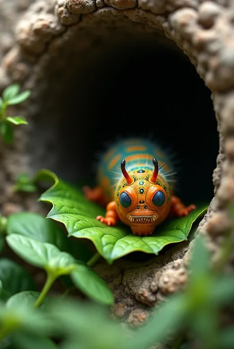 a caterpillar in a hole in a rock is eating a green leaf at the tip of its mouth