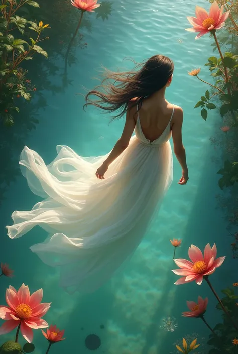 A graceful floating water goddess Suggested details Indian-like style A graceful floating water goddess, her delicate figure is surrounded by a tranquil garden of ethereal water flowers. These flower petals convey many emotions, moving gently with the wind...