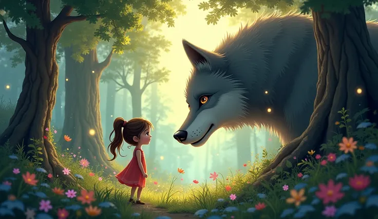 A magical forest with towering trees and colorful flowers, where a friendly gray wolf with wise eyes emerges from the shadows to speak with a curious girl. drawing