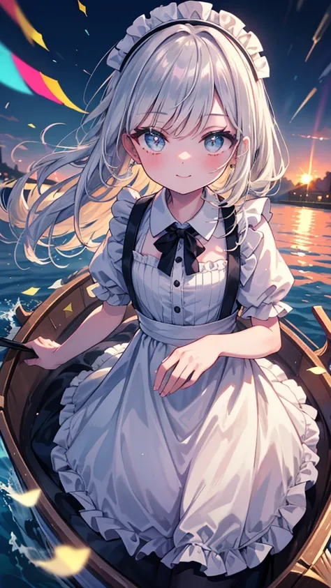 (8k, Highest quality, masterpiece: 1.2), Ultra-high resolution, 1 person, solo, Color changing eyes, Ultra-detailed, Expressive eyes, Highly detailed face, Maid clothes, Random Hairstyles、Silver gay hair, Rowboat、lake、sunlight, clavicle, The best smile, Ch...