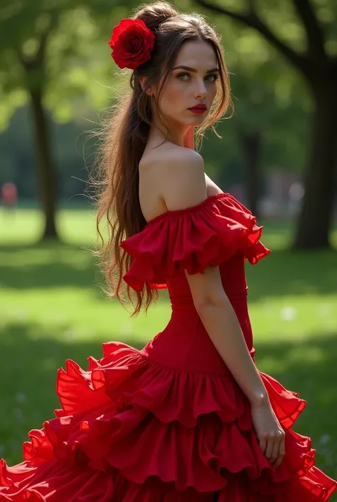 Woman Jennifer connelly model long hair Brow bun with red rose in hair n blue eyes dress red ballet flamenco sevillana ruffles in park 