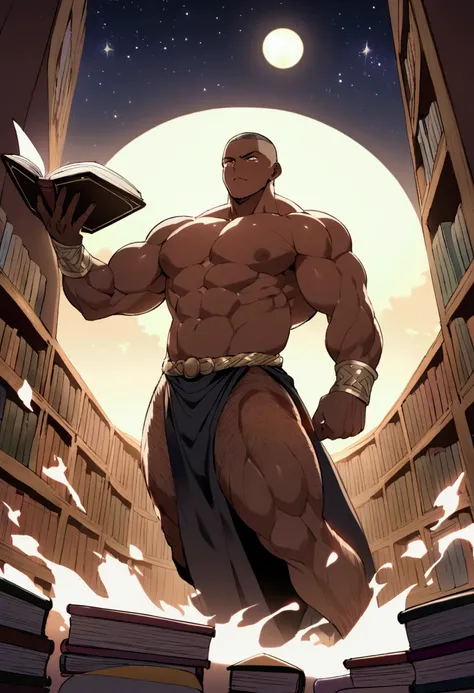 Age 25、Shaved head、Muscular man looking for a book、whole body、Thick body hair、Your body is wet、Library under the stars、full moon、Brown skin、magic、Magic School