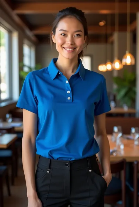 server wearing blue polo and black dress pants