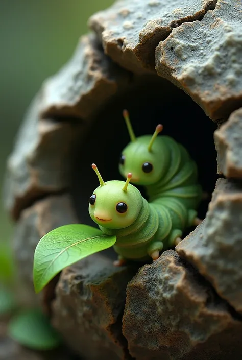 a caterpillar inside a broken rock is eating a green leaf at the tip of its mouth