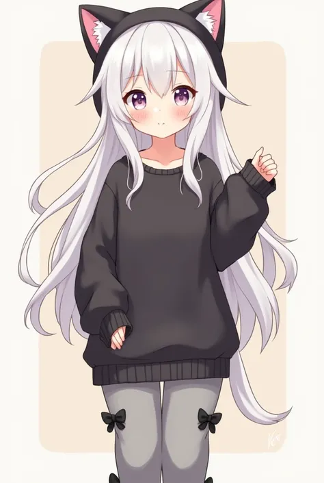 I want an anime girl with hair ,long ,white color and black cat hat and black sweatshirt that fits her loosely and gray pants with black bows on the sides and that she has gray socks and that she looks cute
