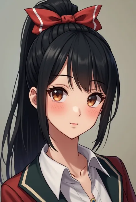 Picture of a teacher , Brunette with long jet black hair with a bow on her head and a ponytail hairstyle with big cheeks 
