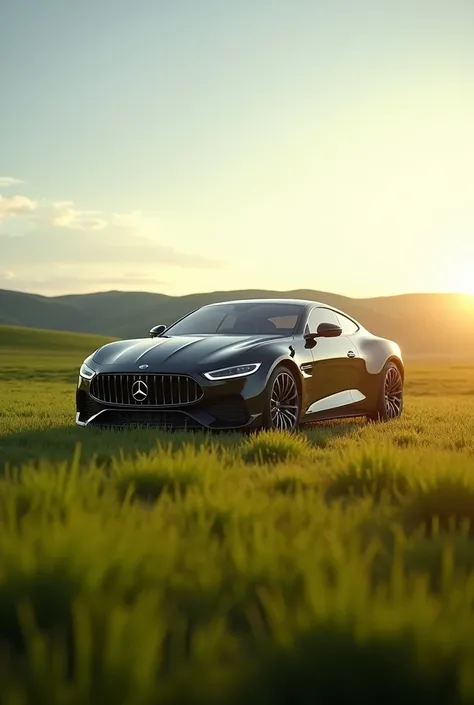 Car luxury stand in field on sun light 