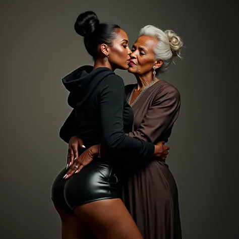 black woman hair in a bun black hoodie   black leather short shorts   a old grandma in a dress  kissing her ass behind her squeezing her butt