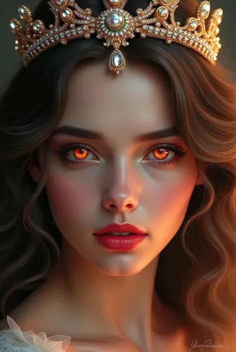 woman face, closeup, brunette, red irises like burning embers. lips, wearing a beautiful ornamental crown, with diamonds and gold and silver details, brown hair, red lips, outlined eyes, elsa jean