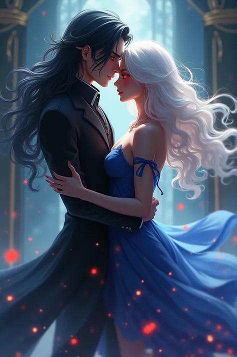 man with long black hair and red eyes dancing with a woman with white hair, dark skin and red eyes, anime styling