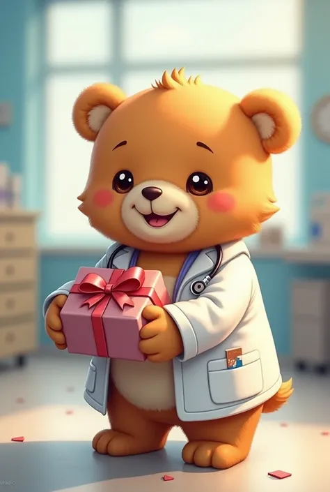 A cute bear wearing doctor&#39;s clothes, with a smile, giving a gift