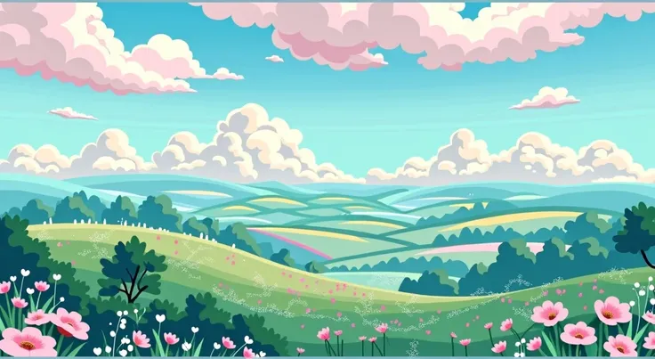 draw it as a CARTOON HERE IS THE DESCRIPTION: A serene and bucolic landscape that can evoke the essence of a valley with soft tones and a charming atmosphere. Although it is not pink, The calm atmosphere and wide field can help you visualize how it could b...