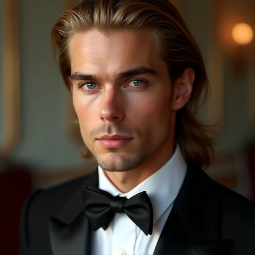 (photorealism:1.2), handsome man, back-length blond hair, gray eyes, fair skin, formal, elegant, fancy, well defined, extremely handsome man, formal, black suit, handsome