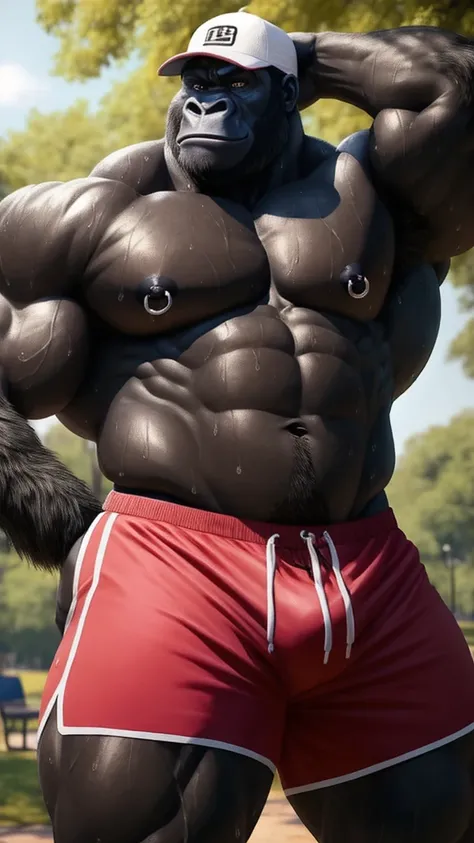 Close-up of an athletic muscular male gorilla, posing sensually, in a park, During the day, sports shorts, wearing nipple piercings and wearing a cap, body wet with sweat, black skin, NSFW, big body, well detailed, ultra detailed, detailed muscles, Whole b...