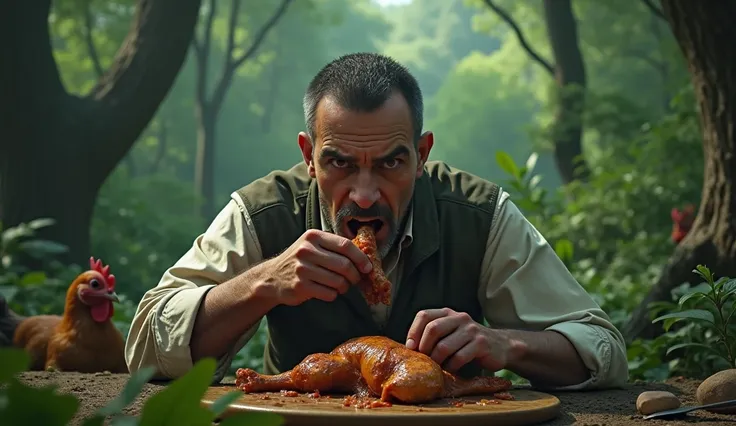 Cruel man, eating cooking chicken meat, behind the animals, forest, beautiful nature view