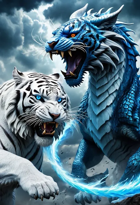 a fierce white tiger and a majestic blue dragon, locked in an epic battle, surrounded by swirling black clouds in the sky, (mast...