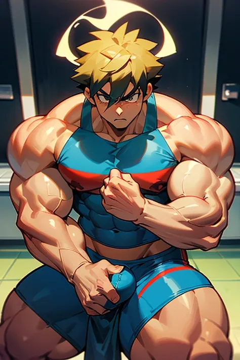 Ash Ketchum from Pokémon anime as a big dumb muscular bodybuilder jock in a locker room flexing and staring blankly as his eyes glow red under hypnosis with his mouth hanging open as he repeats, "Bigger... Dumber.... Must obey.... More like a jock bro ever...