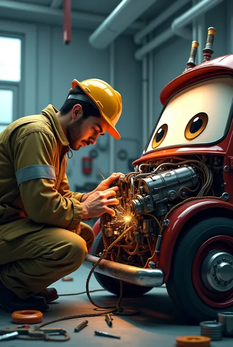 An electrician fixing an animated car

