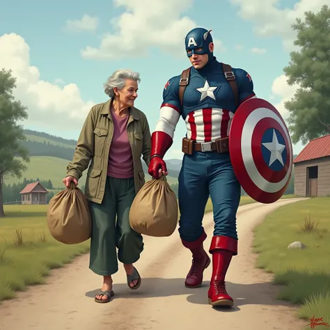 It looks like youve shared an image showing Captain America carrying two large sacks while walking beside an elderly woman in a rural setting. The image blends the superhero character with a more everyday, real-world scenario, which gives it an interesting...